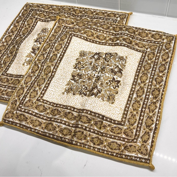 Hollywood Regency Style Boho Metallic Gold Stitching Accent Quilted Pillowcases - Picture 2 of 10